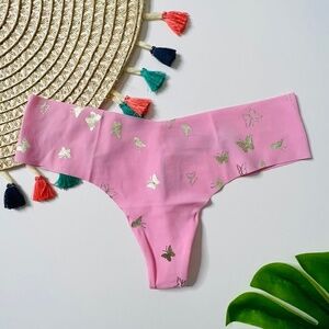 Victoria's Secret Sexy Illusions No Show Thong Panty Pink Flora Butterfly L NEW